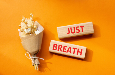 Just Breathe symbol. Wooden blocks with words Just Breathe. Beautiful orange background with bouquet of flowers. Business and Just Breathe concept. Copy space.