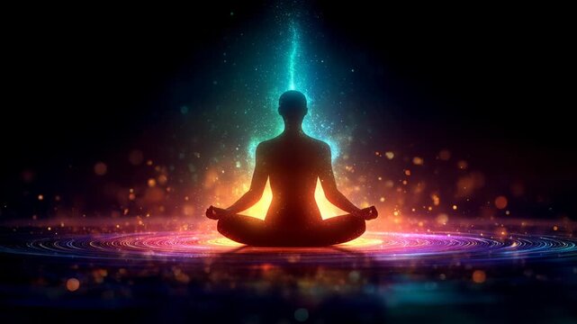 Glowing silhouette practicing yoga and calm meditation discovers healing spiritual energy from vibrant light, achieving higher consciousness and inner peace