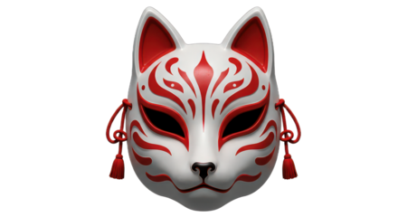 Close up of a kitsune mask isolated on transparent background, a traditional japanese fox mask with red and white colors