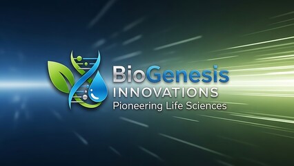 BioGenesis Innovations Futuristic Biotechnology Logo with DNA, Leaf, and Water Symbol