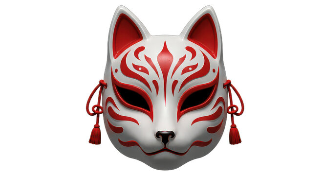 Close up of a kitsune mask isolated on transparent background, a traditional japanese fox mask with red and white colors