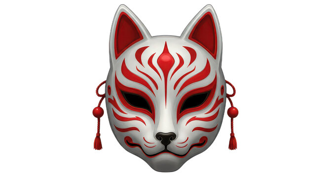 Close up of a kitsune mask isolated on transparent background, a traditional japanese fox mask with red and white colors