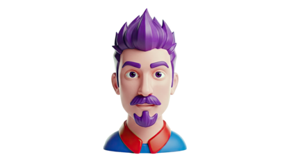 3D Render of a Stylized Character Bust with Purple Hair and Moustache
