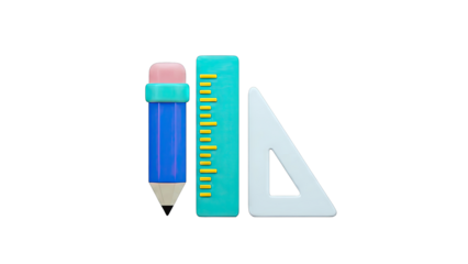 3D Render of School Supplies: Pencil, Ruler, and Set Square
