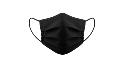 Black medical face mask isolated on transparent background for protection against viruses and bacteria.