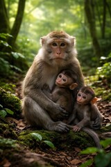Fototapeta premium Mother macaque with baby monkeys in forest
