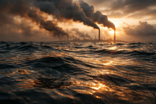 AI generated ocean reflecting a polluted sky dark industrial smoke rising into the sunset. The waves shimmer in hues of gold, orange, and gray, the dramatic contrast nature and industrial pollution.