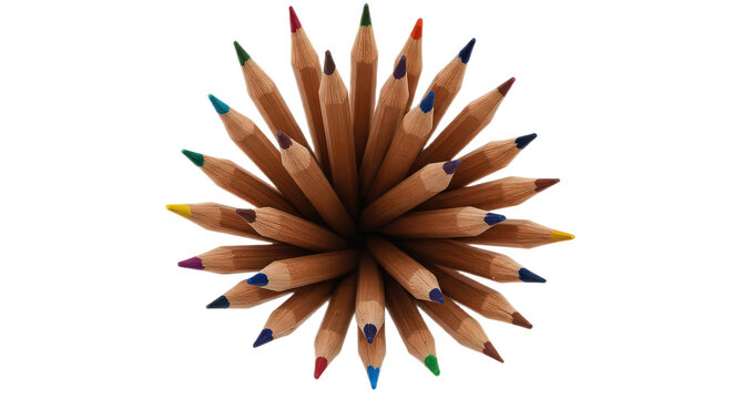 Topdown view of colored pencils isolated on transparent background, arranged in a circular pattern, art supplies