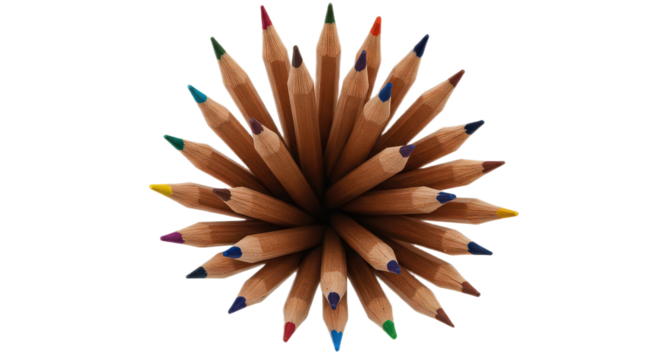 Topdown view of colored pencils isolated on transparent background, arranged in a circular pattern, art supplies - Powered by Adobe