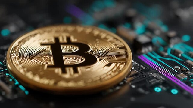 Global investment in future finance technology gold bitcoin coin representing digital cryptocurrency on motherboard, symbolizing decentralized blockchain innovation