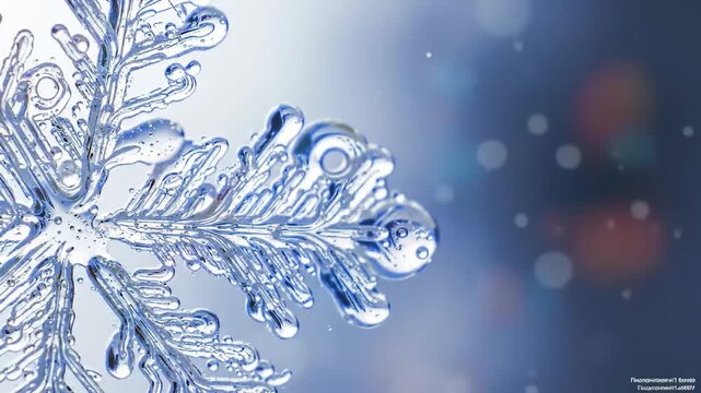 A delicate, crystalline snowflake with intricate patterns and delicate water droplets is set against a soft, out-of-focus background of blue, white, and pink hues