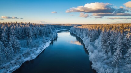 Winter river scene with snowy forests