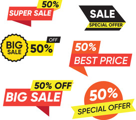 Collection of six red yellow and black sale offer banners discount percentage