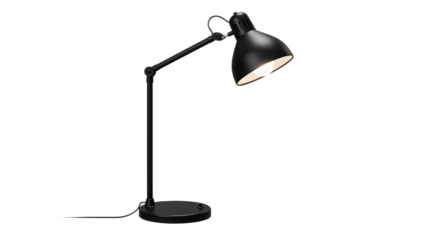 Black metal desk lamp isolated on transparent background providing light for reading or working at night