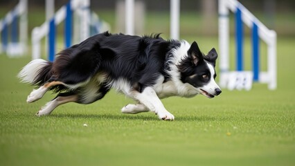Fast Border Collie dog running on green grass during agility training course, weaving past blue and white poles with intense focus and speed