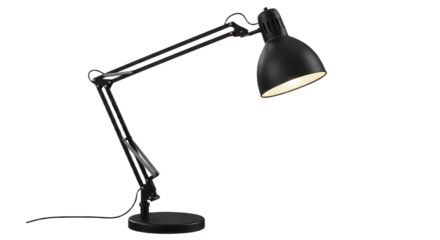 Adjustable black metal desk lamp isolated on transparent background providing light for reading or working