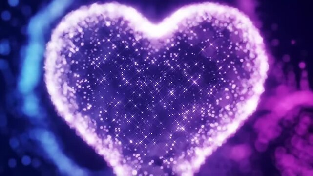 A heart-shaped object composed of small, glowing purple and white dots with a bright white outline, set against a dark background with purple and blue bokeh lights