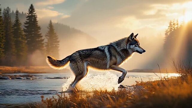 Majestic wolf runs through serene lake landscape at sunrise