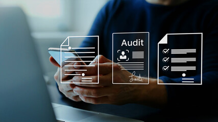 Businessman checking audit documents, focusing on financial audit, regulatory compliance, and...