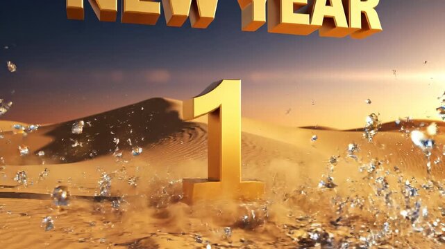 Golden New Year Countdown Celebration with Splashing Water Droplets and Desert Dunes at Sunset