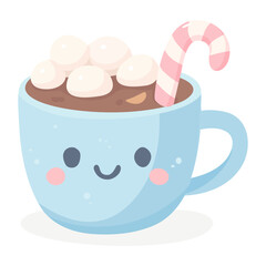 Blue Mug Hot Chocolate with Marshmallow and Candy Winter Illustration