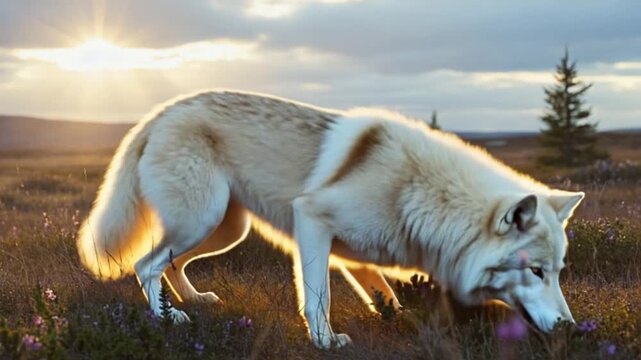 Majestic white wolf resting in a serene field of wildflowers at sunset