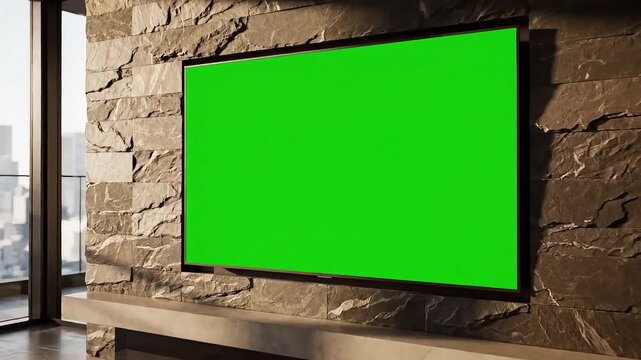 Modern living room with green screen TV on stone wall