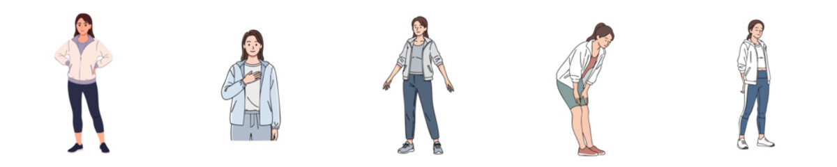 Naklejka premium Everyday Woman Standing Casual Poses Natural Body Language Modern Flat Vector Illustration