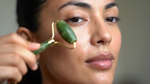 A woman using a green jade roller on her cheek