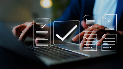 Online document validation and quality assessment management, businessman reviewing checklist for business document evaluation, consulting, and market data report analysis.
