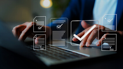 Online document validation and quality assessment management, businessman reviewing checklist for business document evaluation, consulting, and market data report analysis.