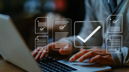 Online document validation and quality assessment management, businessman reviewing checklist for business document evaluation, consulting, and market data report analysis.