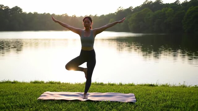 A woman practices yoga on a mat by a serene lake at sunrise or sunset