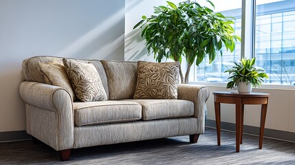 Simple corporate waiting area with fabric sofa, side table and potted plant, neutral wall and natural window light, realistic office interior for business reception and waiting concepts