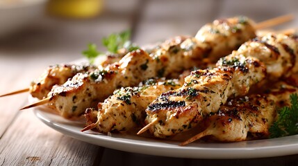 Fototapeta premium Plate of grilled chicken skewers with light seasoning, clean presentation, soft natural lighting