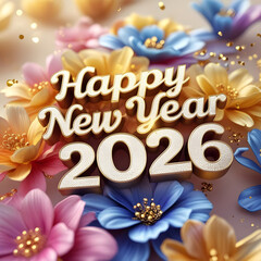 Festive Happy New Year 2026 Design with Golden Floral Pattern and Colorful Ombre Background