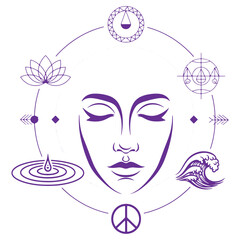 Abstract Spiritual Face Surrounded by Symbols of Peace and Nature Meditation Design