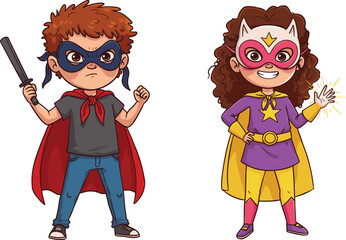 Cartoon kids superheroes, fantasy costumes, magical powers, heroic children, imaginative play, comic style, empowerment art, adventure design, playful characters, creative illustration © Love999