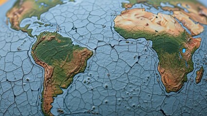 Intricate relief map of earth displaying South American and African landmasses with unique ocean