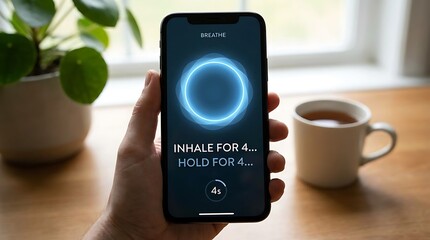 Person holding a smartphone displaying a meditation app with breathing exercise instructions.