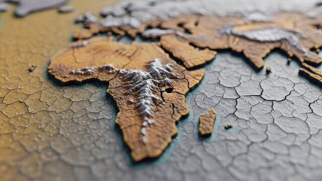 A detailed 3D rendering of the African continent on a textured world map highlighting global