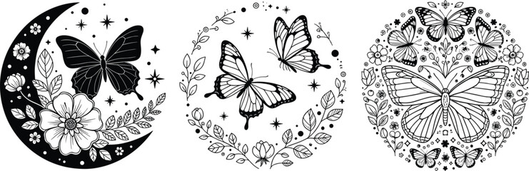 Butterfly moon floral tattoo design set, celestial insect vector illustration, mystical nature circle art © AtikurRahman