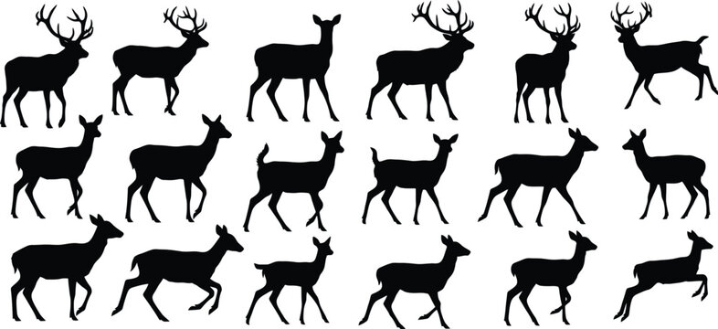 Collection of reindeer silhouettes in various poses against a blank background