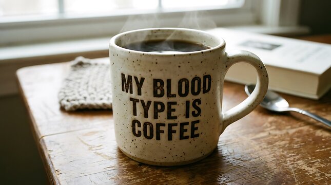 Steaming Hot Coffee Mug with My Blood Type is Coffee Slogan.