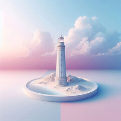 円形のステージに佇むミニマルな3Dモデルの灯台と入道雲