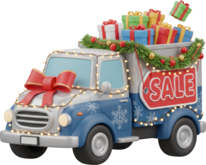 A stylized 3D delivery truck adorned with festive Christmas lights a large red bow and carrying many colorful gifts and a prominent sale tag Christmas truck gift delivery