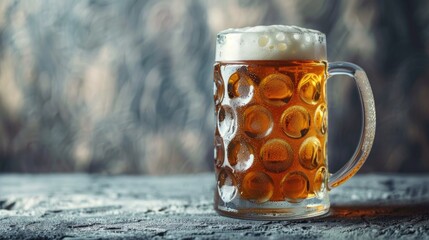 Frothy Beer Mug on Textured Surface with Bubbles