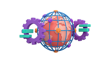 3D Globe with Gears and Plus Symbols