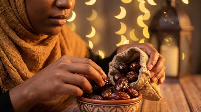 Muslim woman preparing dates from a burlap bag into an ornate for iftar meal during Ramadan with festive crescent moon bokeh lights