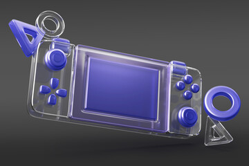 Retro handheld game console on black 3d background. Clear transparent design with blue glass screen, button and flying geometric shapes. Portable arcade video gaming console, joystick. 3D illustration © marozhkastudio